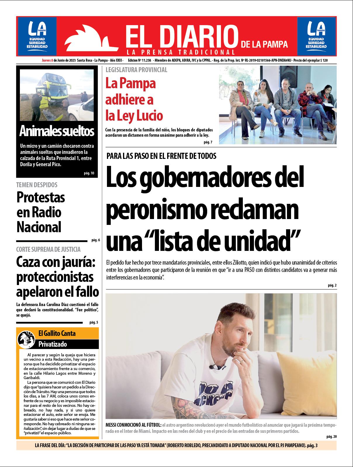 Tapa de El Diario en papel  jueves 08 de junio de 2023